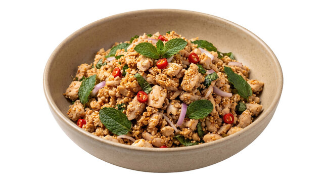 Spicy thai larb gai salad with chicken and fresh herbs on a transparent background