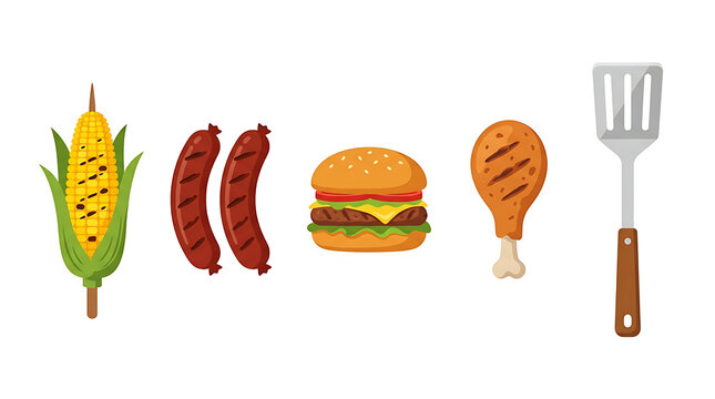 Cartoon bbq food collection with burger, corn, sausage, chicken