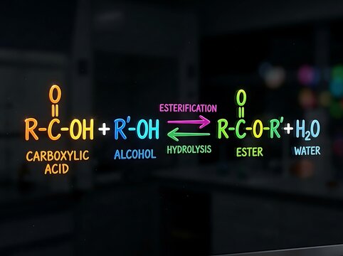 Chemical esterification formula written in colorful chalk on a dark laboratory board with reaction carboxylic acid organic chemistry equation scientific