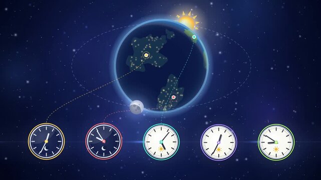 Rotating globe with day and night terminator, orbiting sun and moon and five world clocks for time zones, 4K animation