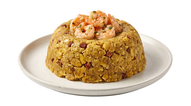 Traditional mofongo with shrimp topping on a transparent background