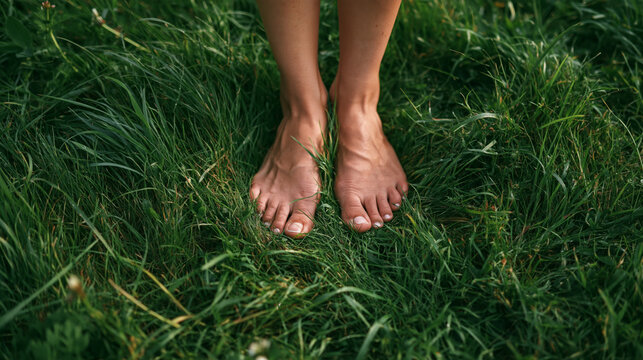 Bare feet stand in lush grass outdoors for grounding and wellness