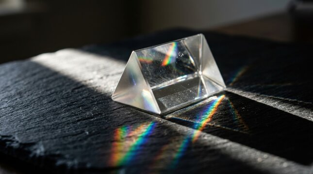 Optical glass crystal prism casting a fractured rainbow light spectrum across a dark slate executive surface, symbolizing data refraction, precision physics, and analytical dispersion.