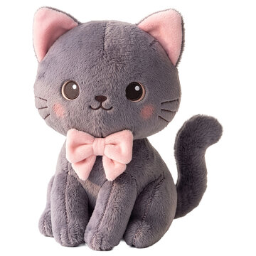 Cute animal doll soft fur A charming gray stuffed cat with big, expressive eyes and a pink bow tie, this adorable plush toy radiates cuteness and whimsy, perfect for collectors and children alike.