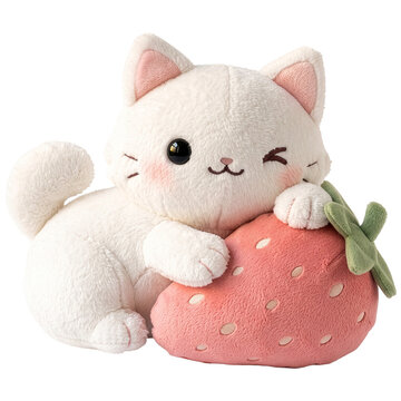 Cute animal doll soft fur A whimsical white cat plushie with rosy cheeks and a playful wink rests its paw on a large, pink strawberry, radiating charm and sweetness.