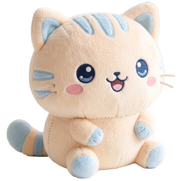 Cute animal doll soft fur A whimsical and adorable peach-colored plush cat toy, adorned with cute blue stripes and expressive big blue eyes, sits playfully.