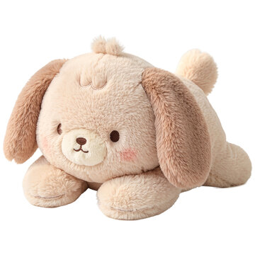 Cute animal doll soft fur A fluffy, plush toy dog in a lying down pose, with soft brown ears and cheeks, exudes comfort and charm.