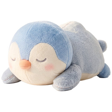 Cute animal doll soft fur A cute, sleepy plush penguin toy rests on its side, its eyes closed peacefully, adorned with rosy cheeks and soft blue and white fur.