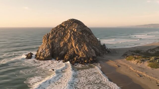 Aerial view of morro rock at sunset, pacific ocean coastline with crashing waves and golden hour lighting