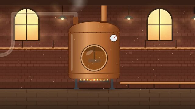 Beer brewing process from malt to glass in a craft brewery, copper kettle, hops and fermentation explainer animation 4K