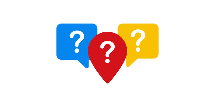 Colorful question mark bubbles and location pin icon for frequently asked questions and help support.