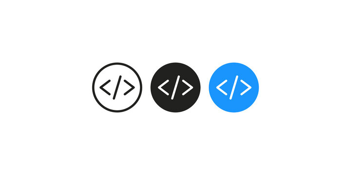 Code brackets icon set in outline solid and blue styles for web development programming and software engineering user interfaces.