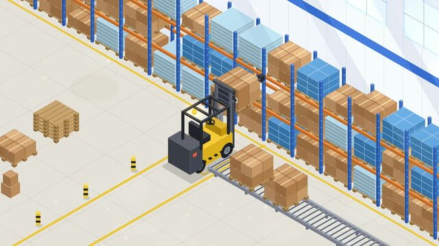 Isometric warehouse animation, forklift stores a pallet on a rack, barcode scan confirms and the next pallet arrives