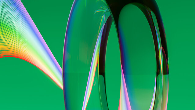 Abstract colorful 3d rings with light waves on green background