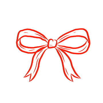 Red ribbon bow line art vector illustration. Minimalist hand drawn red bow knot outline icon. Elegant decorative element for Christmas card, Valentine day invitation, wedding logo design, and gift pac