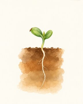 Watercolor Seedling with Roots in a Soil Cross Section