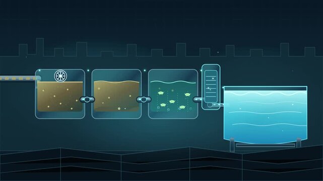 Wastewater treatment process diagram showing purification stages and clean water moving through filtration systems