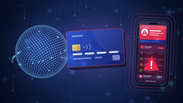 Credit card fraud alert, suspicious payment triggers phone warning and card lock with green shield, 4K animation