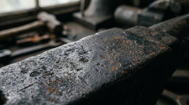 A close up photo of a dark iron anvil showing a weathered rust texture metal surface with dents and scratches in a dimly lit blacksmith workshop with various tools