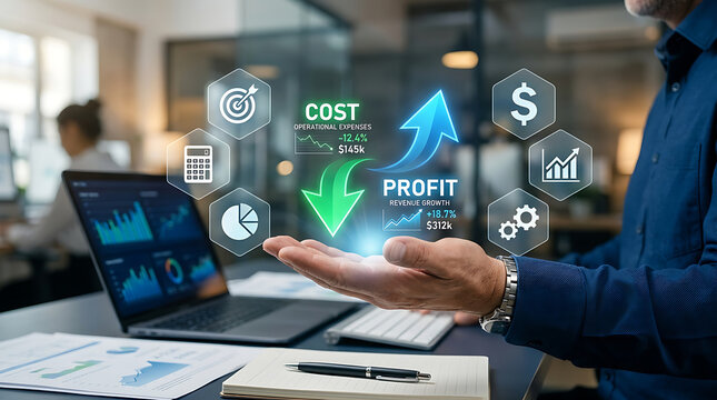 Business profit growth concept with financial data analysis and cost reduction strategy