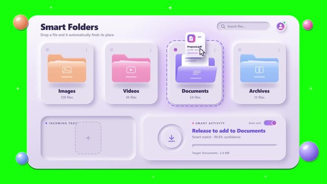Modern 3D interface design for smart folder system with file management and organization tools
