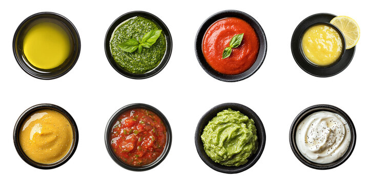 Set of restaurant sauces: salsa, mustard, lemon, Guacamole, pesto, yogurt, isolated on transparent background PNG, clipping path, template, mockup, cut out