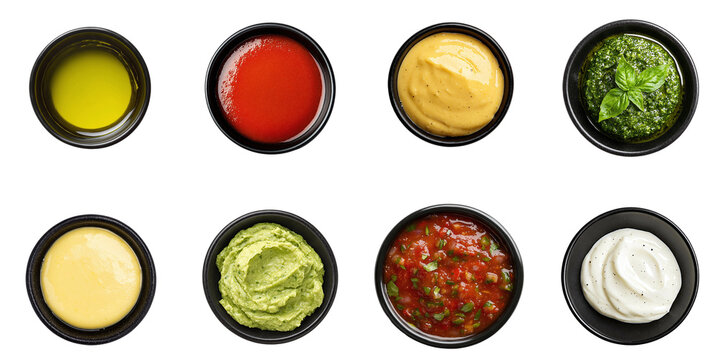 Set of restaurant sauces: salsa, mustard, lemon, Guacamole, pesto, yogurt, isolated on transparent background PNG, clipping path, template, mockup, cut out