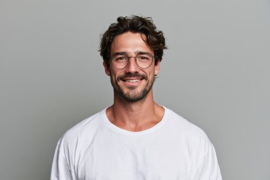 Bright daylight portrait of a friendly young man in a white shirt and round glasses, neutral gray backdrop