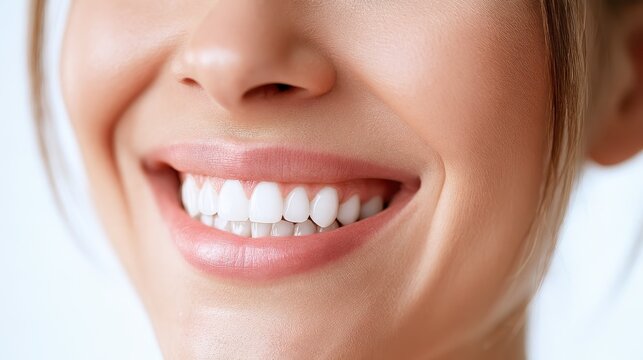 Bright, healthy smile: close-up photograph of a woman showcasing pristine teeth from a whitening procedure
