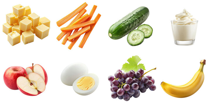 Children's snack set: carrot, apple, cheese, egg, grapes, cucumber, banana, isolated on transparent background PNG, clipping path, template, mockup, cut out