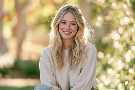 Bright head-and-shoulders portrait of a blonde woman in casual attire with soft background