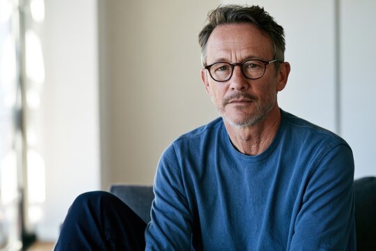 Bright indoor portrait of a man in a blue shirt and eyeglasses with neutral background
