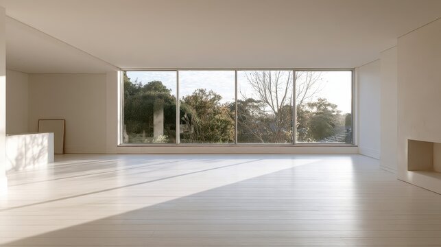 Bright home photo studio interior with large window, high ceiling and white wooden floor