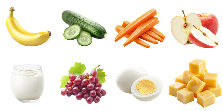 Children's snack set: carrot, apple, cheese, egg, grapes, cucumber, banana, isolated on transparent background PNG, clipping path, template, mockup, cut out
