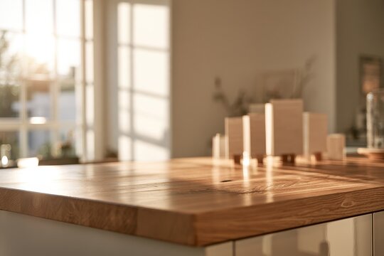Bright interior with wooden table and window light, ideal for product montage display and mock-up