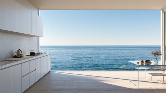 Bright kitchen design with quartz countertops and ocean horizon seen from the window