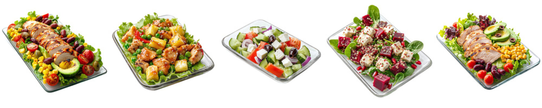 Set of delicious salads with chicken, salmon, tofu, avocado, olives, and vegetables, isolated on transparent background PNG, clipping path, template, mockup, cut out