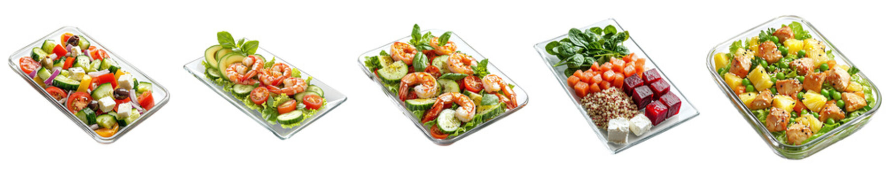 Set of delicious salads with chicken, salmon, tofu, avocado, olives, and vegetables, isolated on transparent background PNG, clipping path, template, mockup, cut out