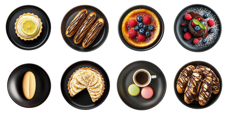 Set of haute cuisine restaurant desserts: tart, macaroon with coffee, eclair, fondant, creme brulee, isolated on transparent background PNG, clipping path, template, mockup, cut out