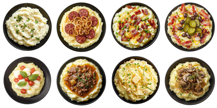 Set of potatoes with various toppings: bacon, mushrooms, butter, herbs, sausages, and mozzarella, isolated on a transparent background PNG, clipping path, template, mockup, cut out
