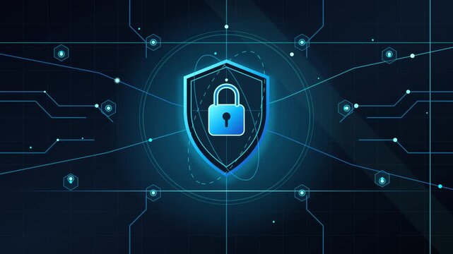 Glowing digital security shield with padlock icon floating amidst interconnected cyber network lines
