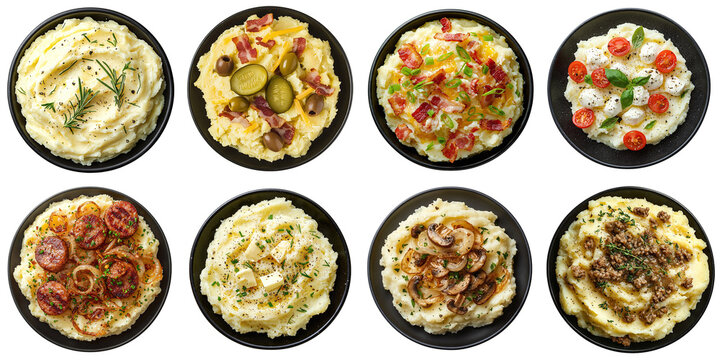 Set of potatoes with various toppings: bacon, mushrooms, butter, herbs, sausages, and mozzarella, isolated on a transparent background PNG, clipping path, template, mockup, cut out