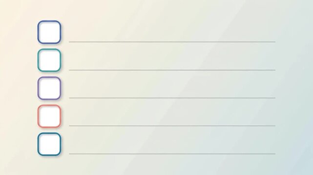Colorful Five Row Checklist With Empty Rounded Checkboxes and Blank Writing Lines Animation