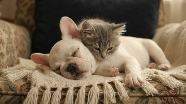 Grey kitten snuggling sleeping French bulldog puppy on armchair