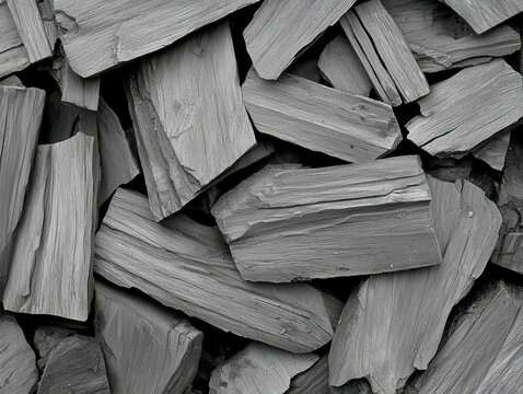 Black and white close-up of stacked charcoal pieces, showing rough textures and irregular shapes.
