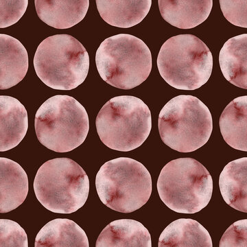 Seamless pattern watercolor geometric red circle dot polka on burgundy background. Hand drawn round shape geometrical illustration. For wallpaper, texture, textile, design, wrapping paper
