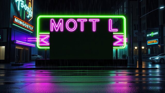 Night scene features vibrant neon sign reading Mott L. Wet street reflects colorful lights, urban environment visible.