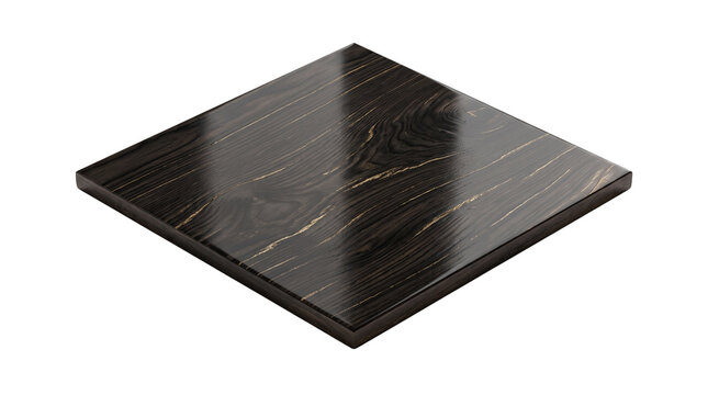 Dark wood table top surface mockup, glossy polished black wooden slab, modern dark oak wood furniture board isolated PNG with Transparent Background