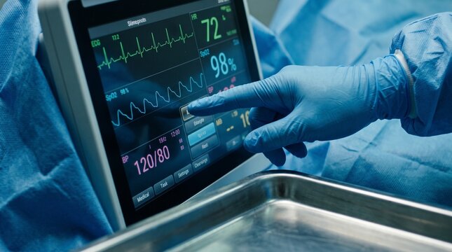 A medical professional wearing blue surgical gloves operates a touchscreen monitor displaying vital signs and patient data in a hospital setting.