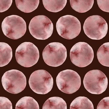 Seamless pattern watercolor geometric red circle dot polka on burgundy background. Hand drawn round shape geometrical illustration. For wallpaper, wrapping paper, texture, textile, design